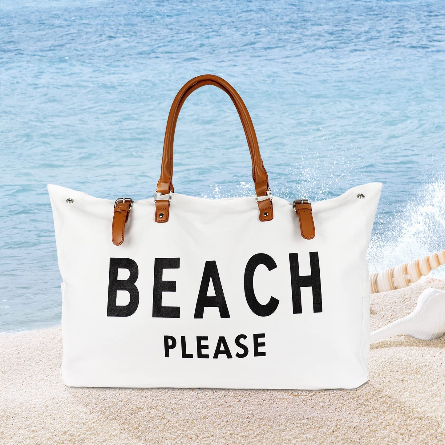 Lamyba Beach Bags Waterproof Sandproof, Extra Large Beach Bag Tote for Women with Vegan Leather, Packable Foldable Travel Totes for Summer Vacation,Beach Vibes