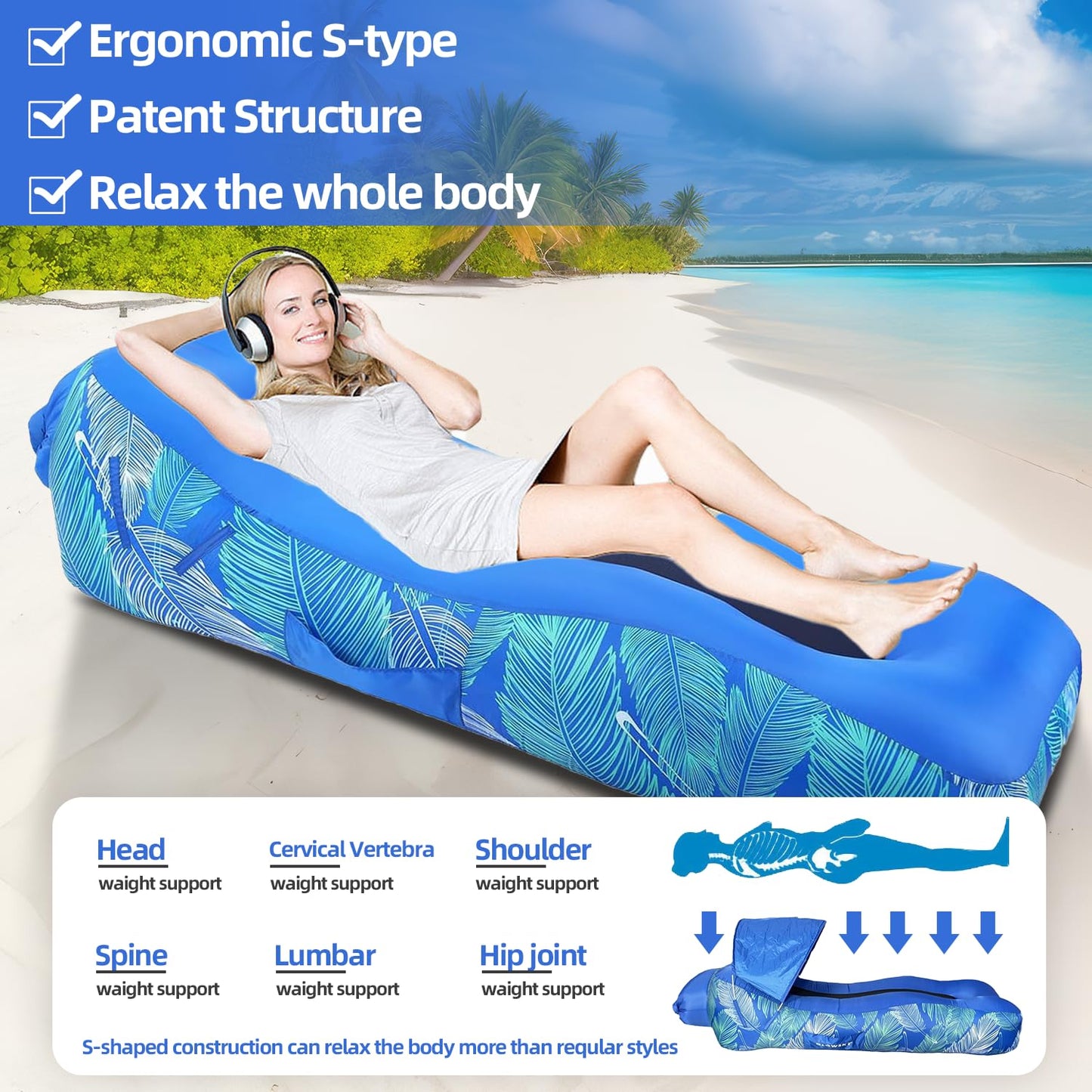 RZM Inflatable Lounger Air Sofa Chair with Sunshade, Camping & Beach Accessories, Portable Water Proof Couch for Hiking, Picnics, Outdoor, Music Festivals & Backyard, Easy to Set Up Inflatable Couch