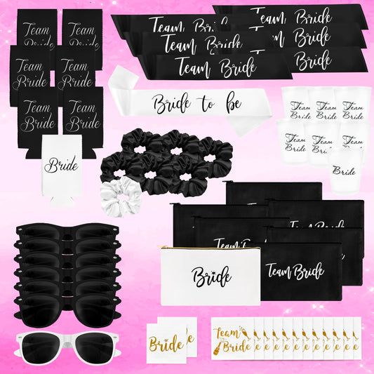 Chug Buddy Bachelorette Party Accessories & Supplies - Black 56 Piece Bachelorette Party Favors Pack With Bachelorette Sash, Sunglasses, Cups And More - Bride Accessories For Bachelorette Party