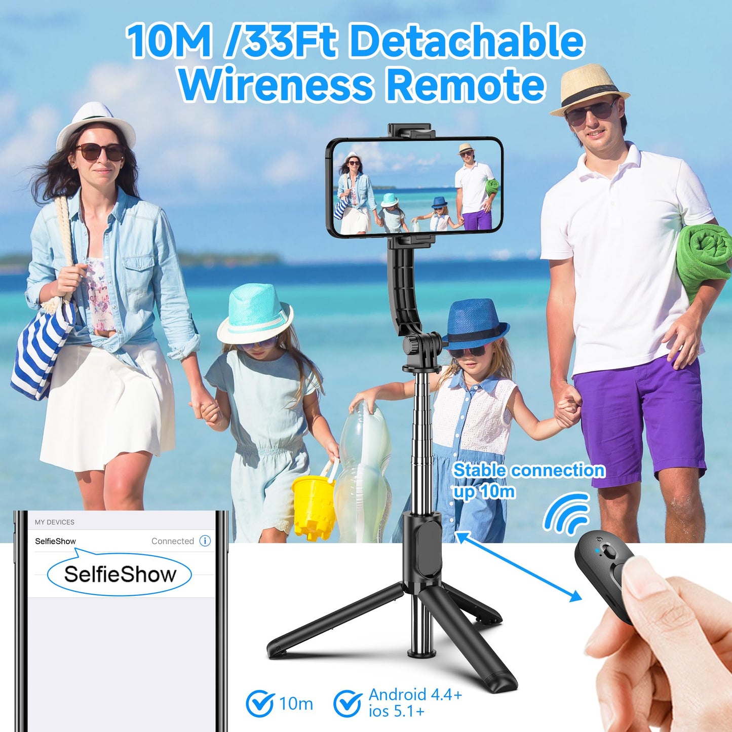 SelfieShow Selfie Stick, Extendable Selfie Stick Tripod with Wireless Remote and Tripod Stand, Portable, Lightweight, Compatible with iPhone 15 14 13 12 Pro Xs Max X 8Plus, Samsung Smartphone and More