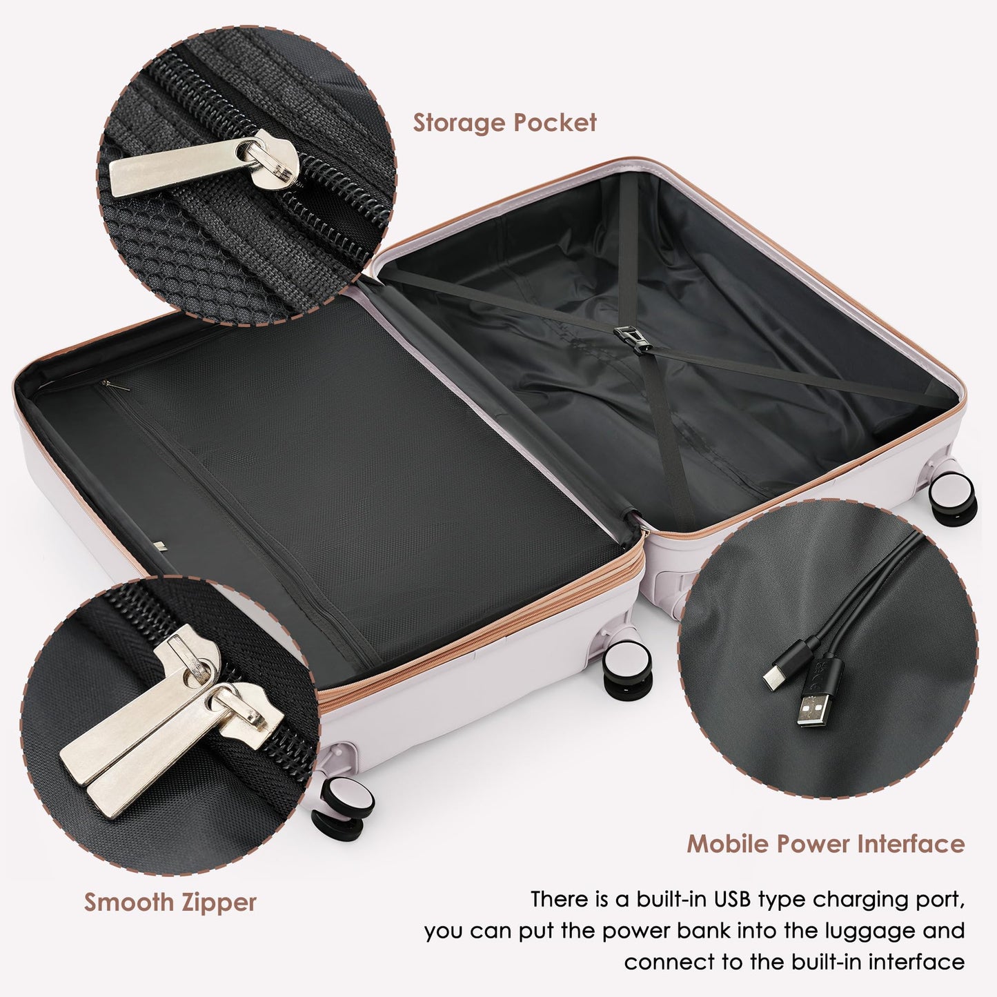 Merax USB Port 3pc Hardside Luggage Sets Spinner Wheel Suitcase, Cinnamon Color, 20/24/28 Inch