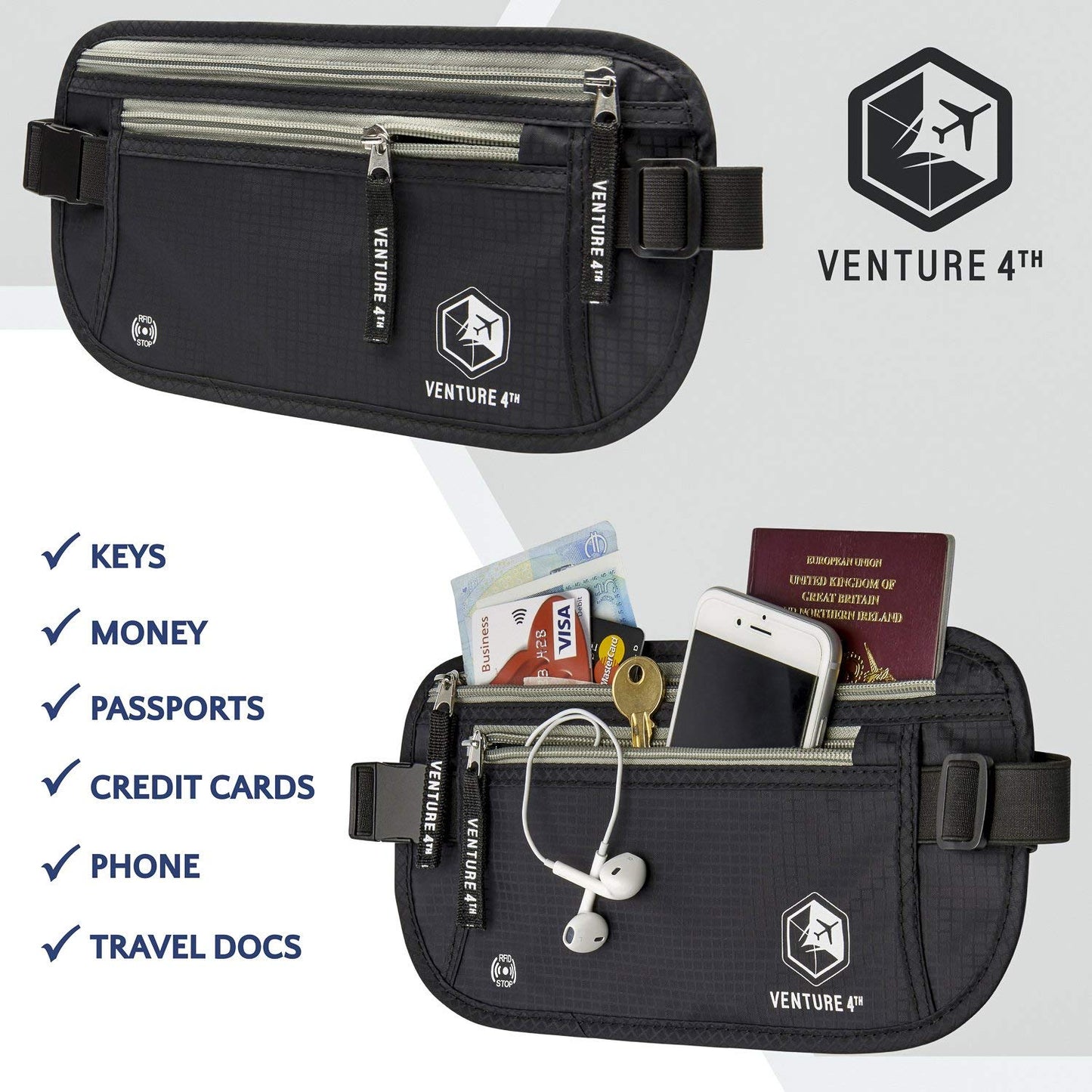 Slim Minimalist Design Money Belt, RFID Blocking for Men & Women - Ideal for Keeping Your Cash, Credit Card, Passport, Phone Safe When Traveling (Black)