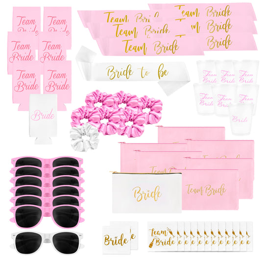 Chug Buddy Bachelorette Party Accessories & Supplies - 56 Piece Pink Bachelorette Party Favors Pack with Bachelorette Sash, Sunglasses, Cups and More - Bride Accessories for Bachelorette Party