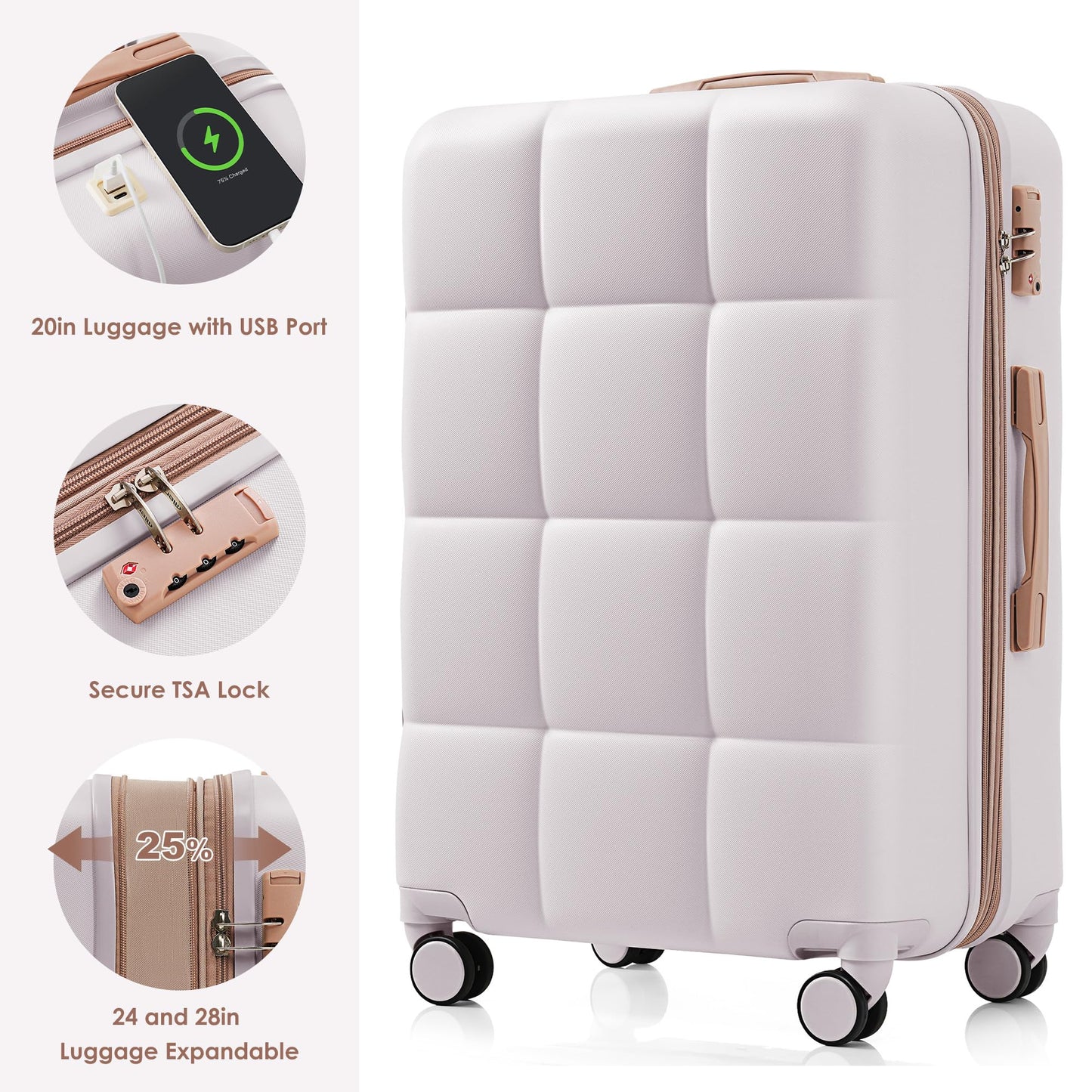 Merax USB Port 3pc Hardside Luggage Sets Spinner Wheel Suitcase, Cinnamon Color, 20/24/28 Inch