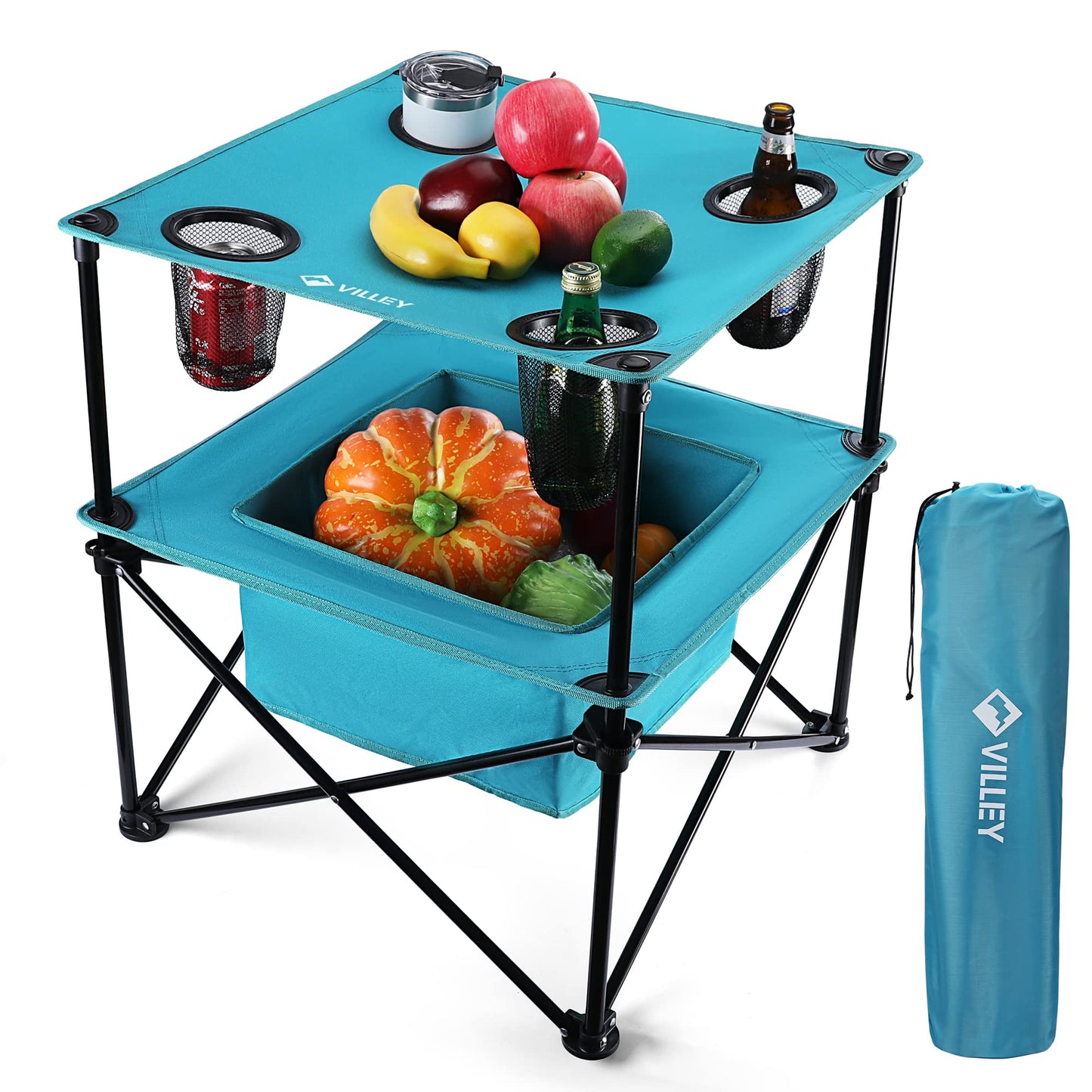 VILLEY Portable Camping Picnic Table, Lightweight Folding Beach Table with 4 Cup Holders and Carry Bag for Camp, Travel, Fishing, and Outdoor Activities