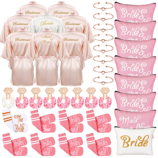 ramede 40 Pcs Bride Bridesmaid Robes Set Bridal Party Silk Satin Robes for Wedding Bridal Shower Bachelorette Party(Pink, White)