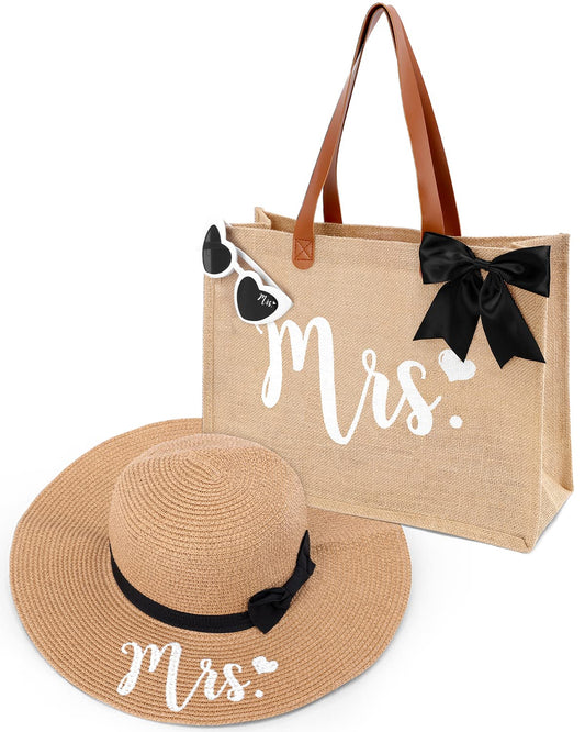 Percozzi Mrs. Tote Bag Sun Hat Glasses Set Bride-To-Be 2023 Bridal Shower Gift with Cute Heart Basket for Bride Wifey Honeymoon Jute Tote Bag Kit Summer Beach Present for Friend Set of 3
