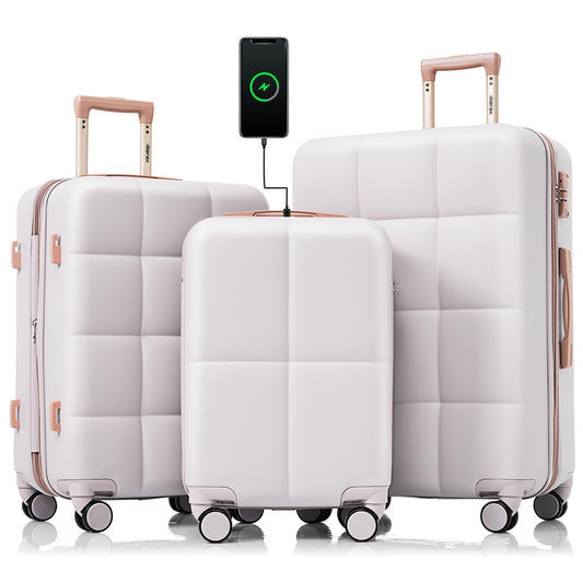 Merax USB Port 3pc Hardside Luggage Sets Spinner Wheel Suitcase, Cinnamon Color, 20/24/28 Inch