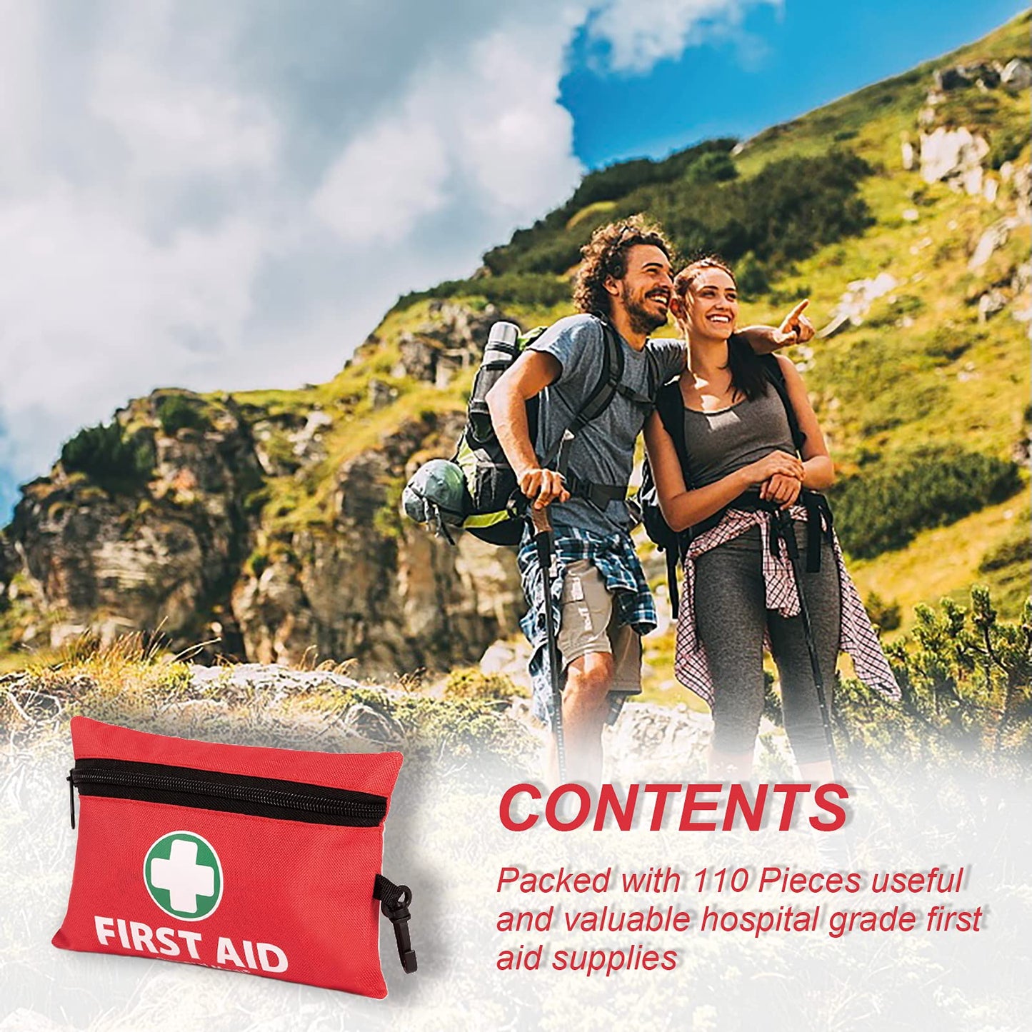 General Medi Mini First Aid Kit, 110 Piece Small First Aid Kit - Includes Emergency Foil Blanket, Scissors for Travel, Home, Office, Vehicle, Camping, Workplace & Outdoor (Red)