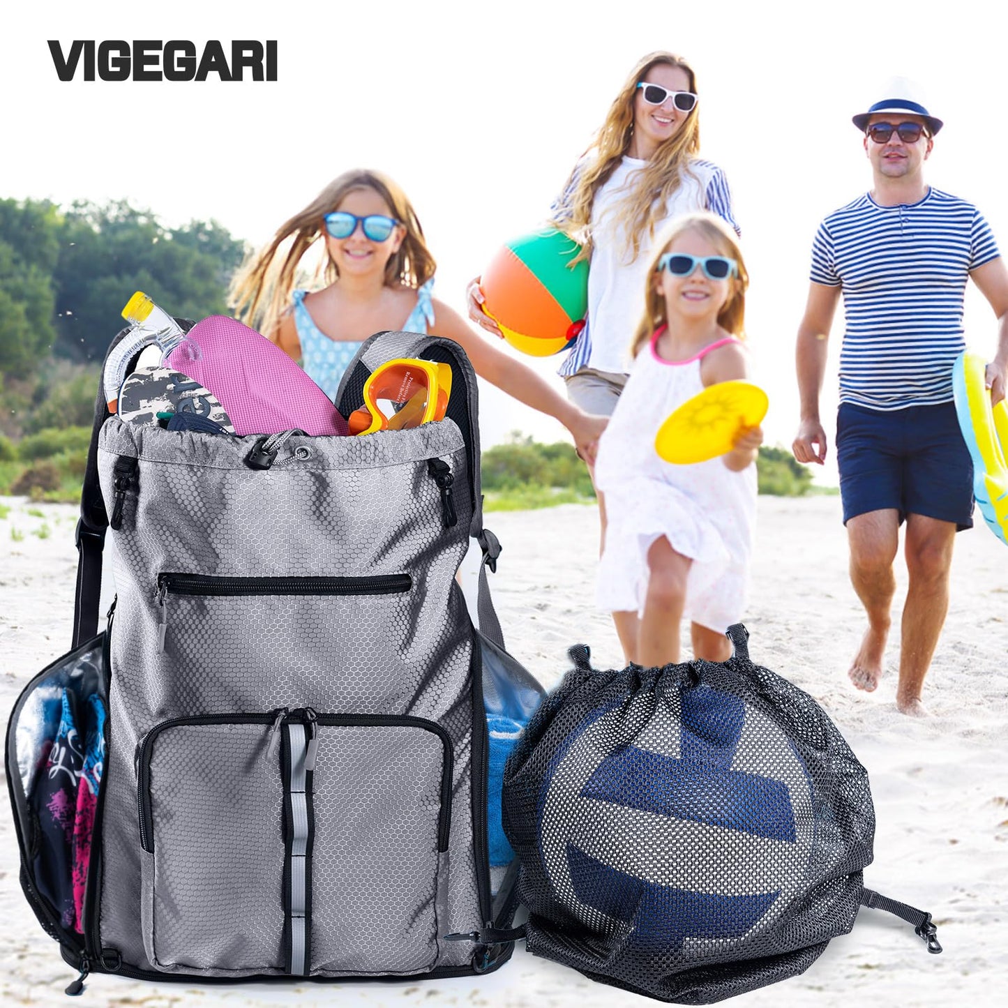 Large Beach Backpack Waterproof Sandproof - Customized Oversized Beach Bag with Shoe Compartment - Pool Bag Backpack with Pockets for Toiletries - Drawstring Backpack for Beach, Pool and Travel