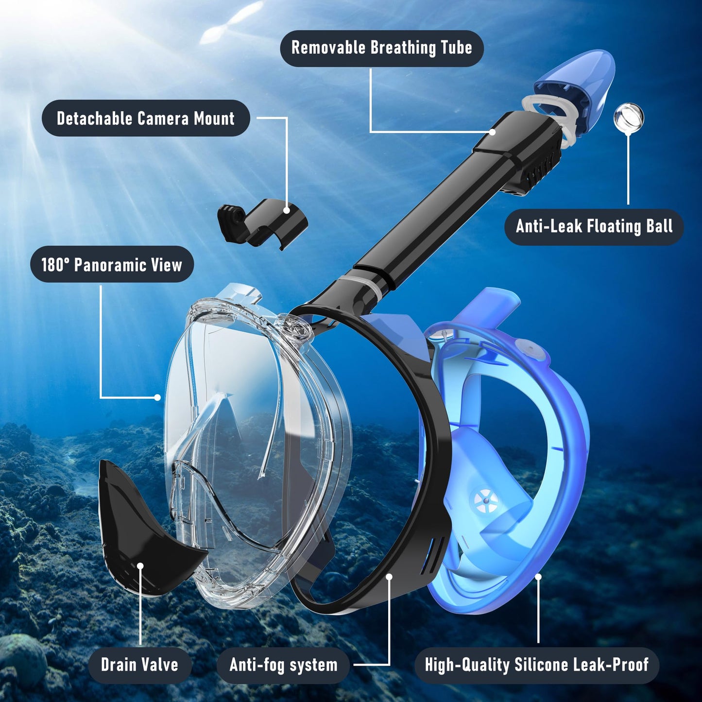 MELUMILU Full Face Snorkel Mask, Snorkeling Gear with Detachable Camera Mount,Panoramic 180° View, Anti-Fog Anti-Leak Snorkling Set for Man and Women