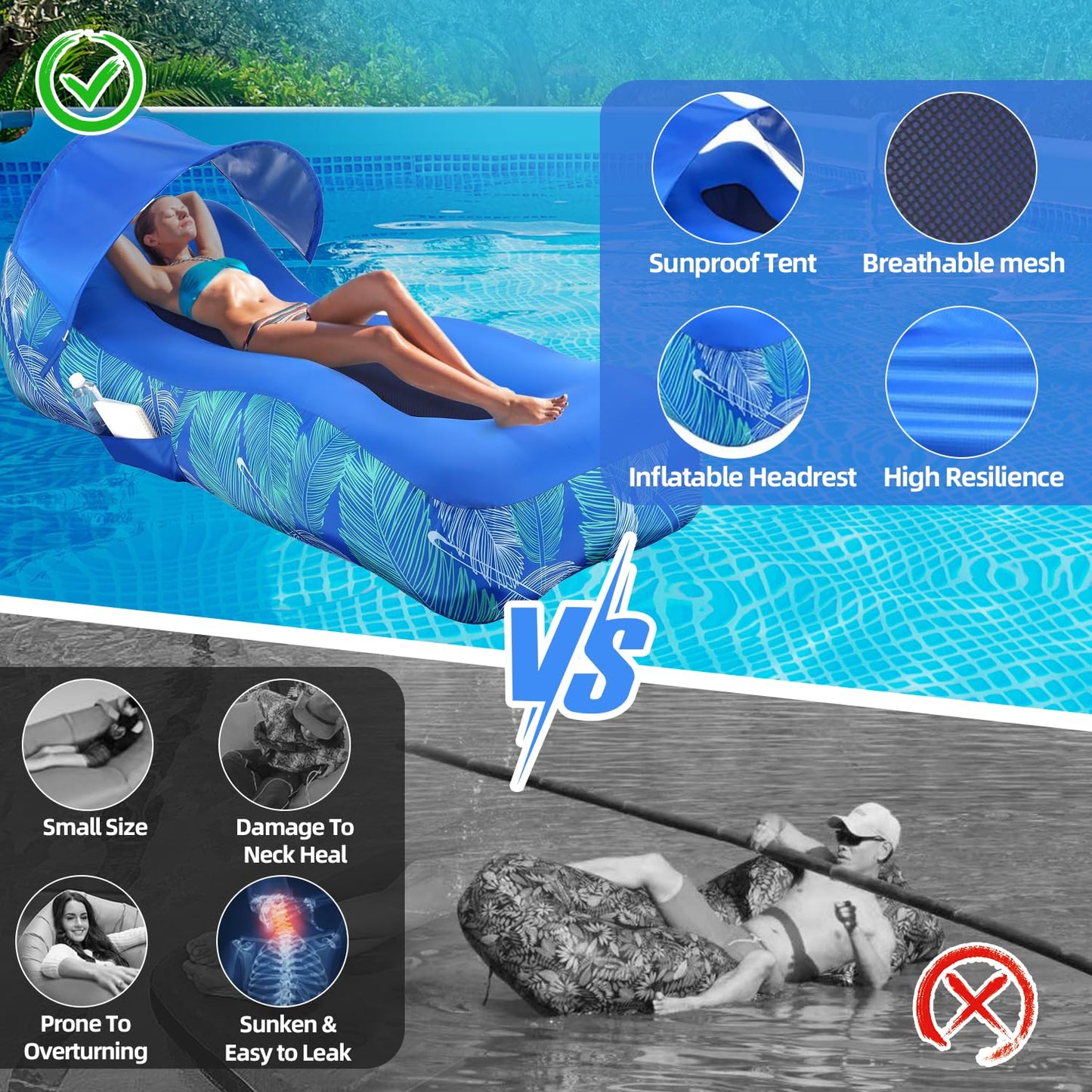 RZM Inflatable Lounger Air Sofa Chair with Sunshade, Camping & Beach Accessories, Portable Water Proof Couch for Hiking, Picnics, Outdoor, Music Festivals & Backyard, Easy to Set Up Inflatable Couch