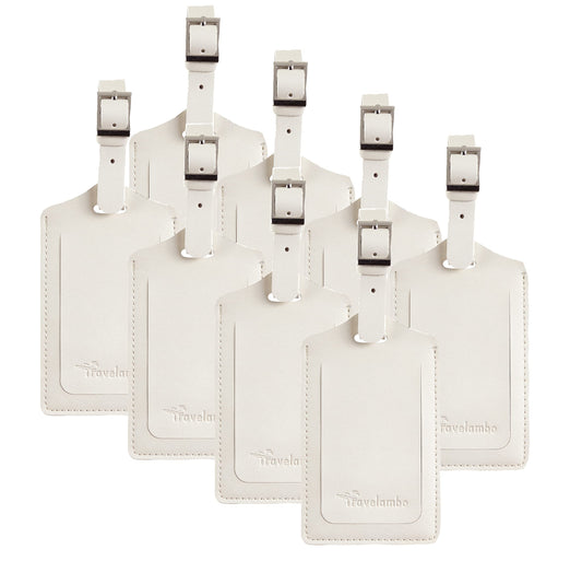 Travelambo 8 Pack Luggage Tags Faux Leather for Suitcases Travel Bag Labels with Protection Cover ID (Ivory)