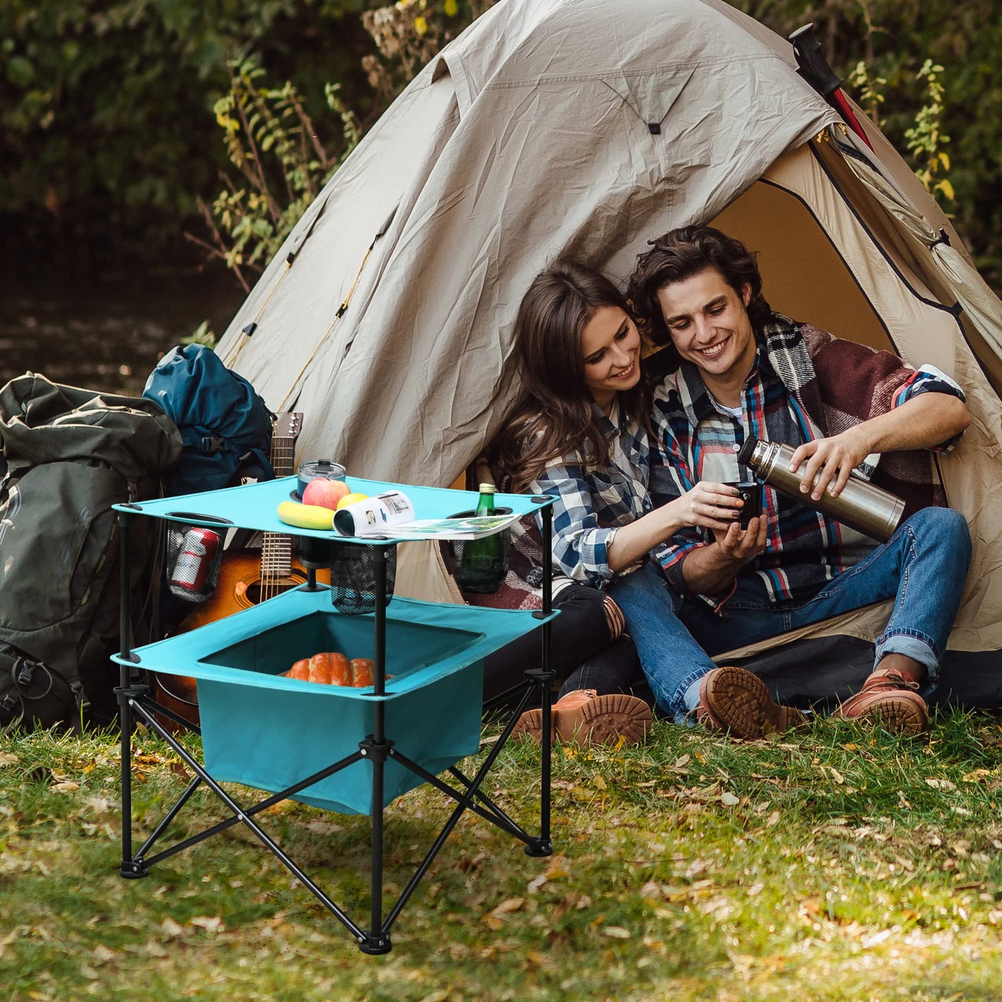 VILLEY Portable Camping Picnic Table, Lightweight Folding Beach Table with 4 Cup Holders and Carry Bag for Camp, Travel, Fishing, and Outdoor Activities